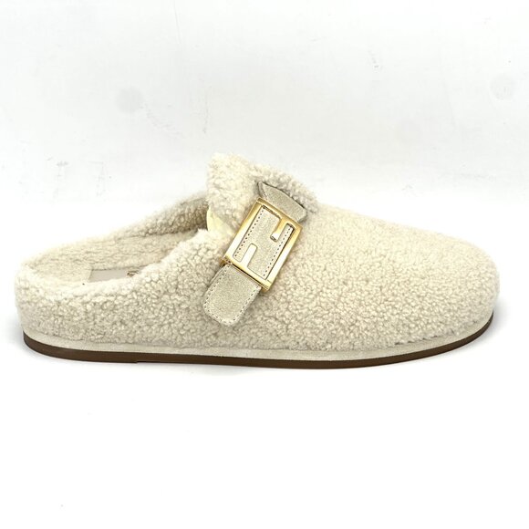 FENDI Feel FF Shearling  Buckled Sabots Mules Slides Flat Clog Sandals - Picture 13 of 16